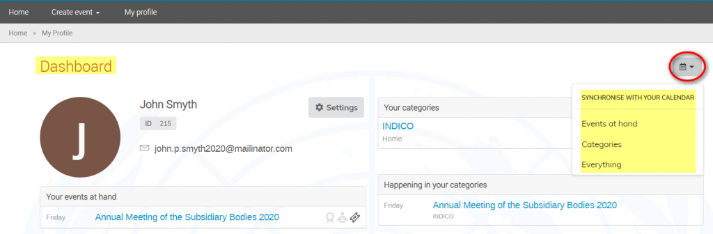 Screenshot of Dashboard showing calendar button in top right corner