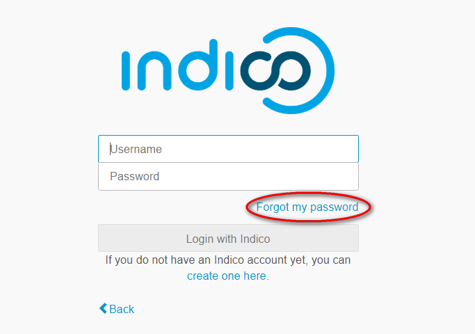 Indico log in form highlighting Forgot my password link above submit button