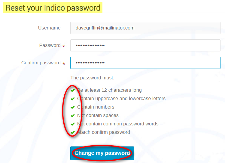 Screenshot of Reset your Indico Password window, showing password rules and submit button at the bottom