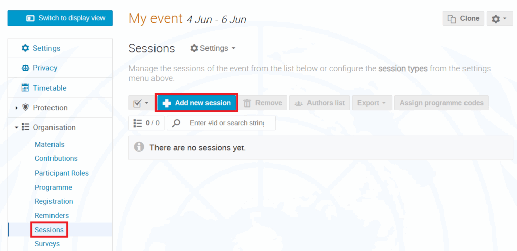 Add new session button on Sessions page