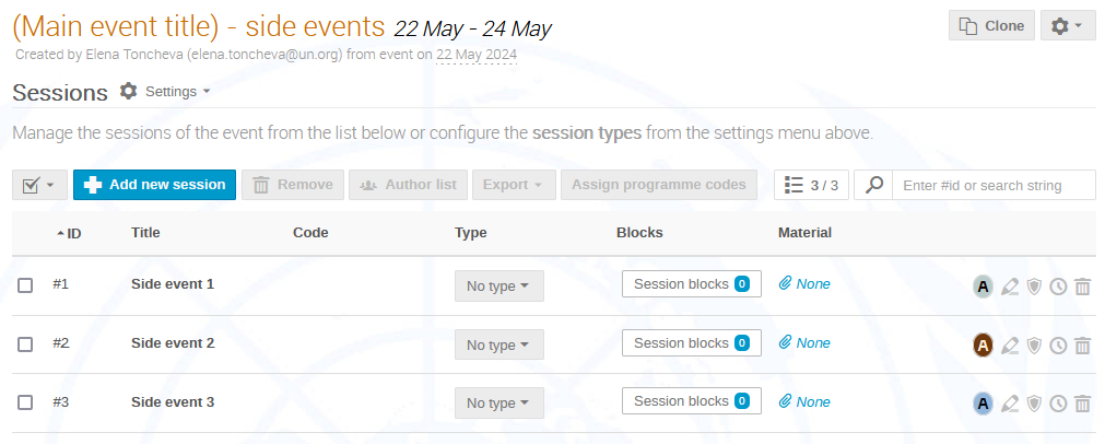 Sessions page with added side events (sessions)