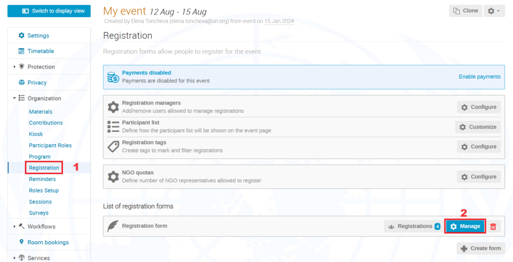 Manage registration form button Manage button next to a registration form